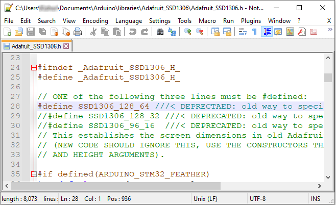 Adafruit SSD1306 Header File Editing