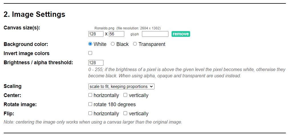 image2cpp Settings