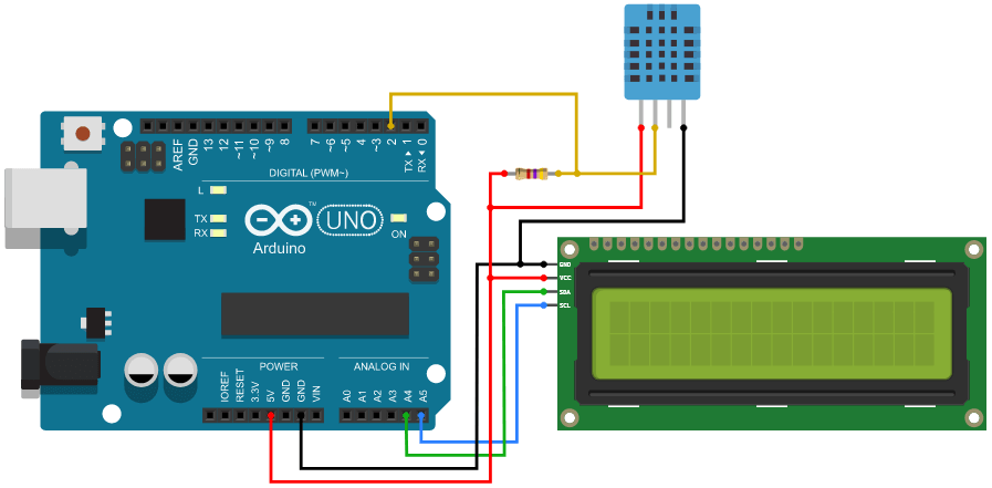 DHT11 with Arduino and LCD Circuit Diagram