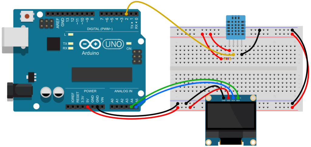 DHT11 with Arduino and OLED Circuit Diagram