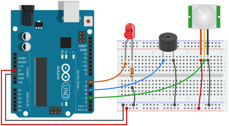 Arduino with PIR Motion Sensor and Buzzer Circuit